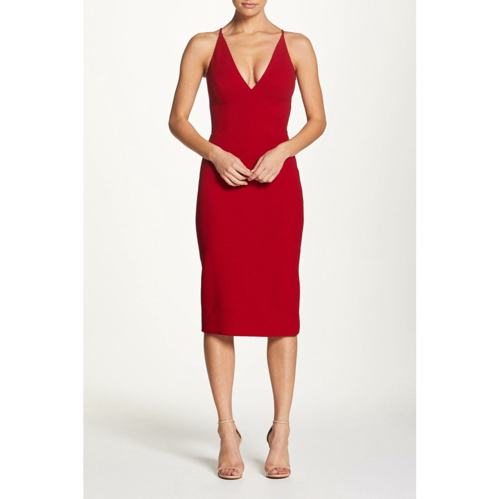 $168 DRESS The POPULATION RED V-Neck Plunge Lyla Stretch Crepe Midi Dress L - Picture 2 of 8